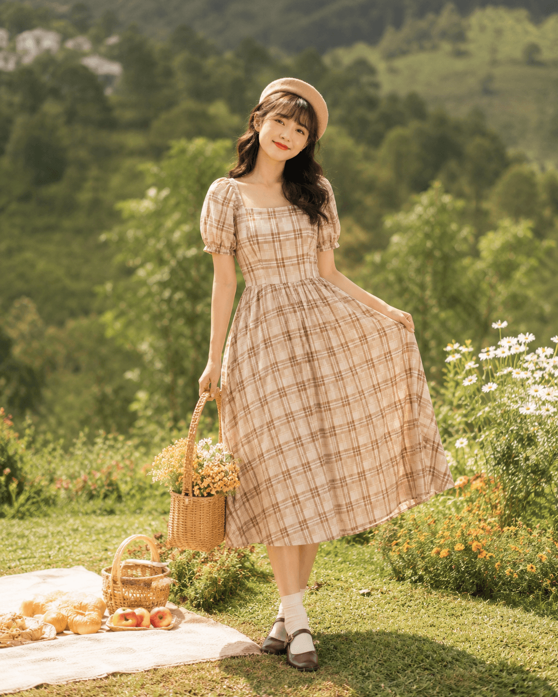 Váy caro picnic kèm mũ beret